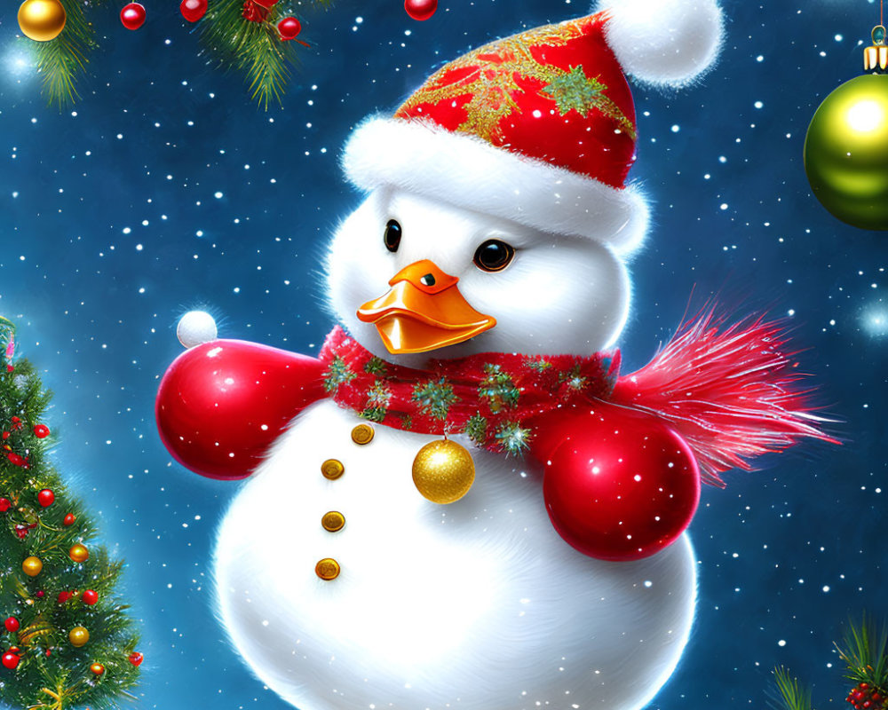 Snowman with Duck Features in Santa Hat and Scarf, Christmas Scene