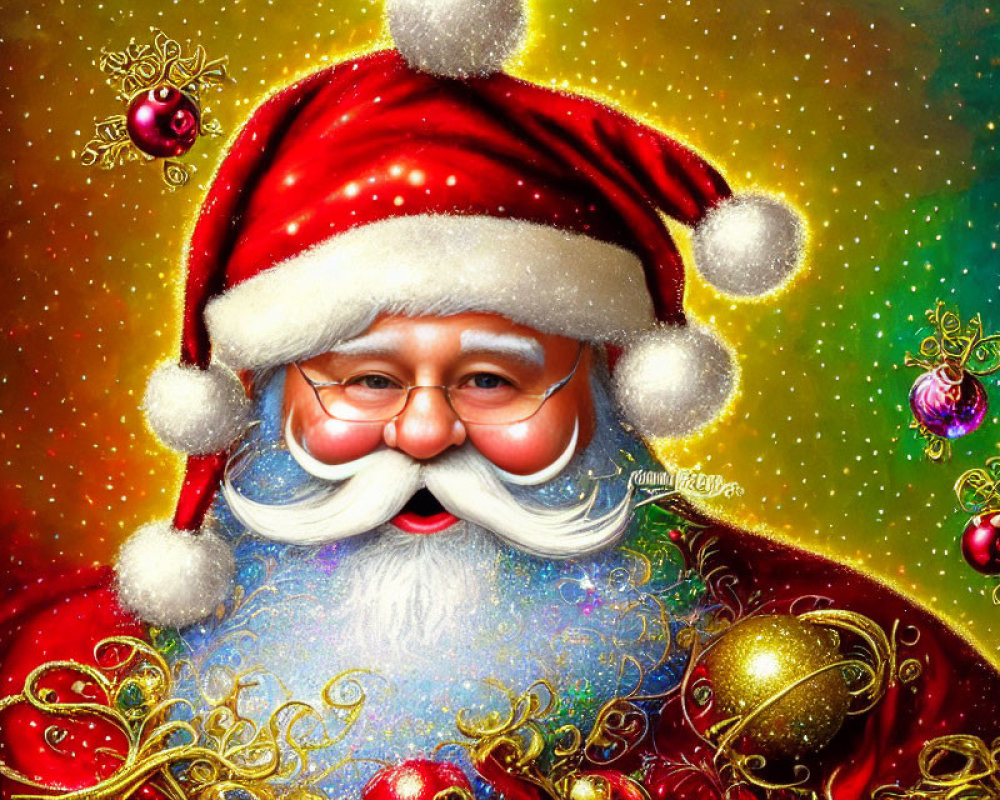 Colorful Santa Claus illustration with blue suit and red hat amid Christmas ornaments.