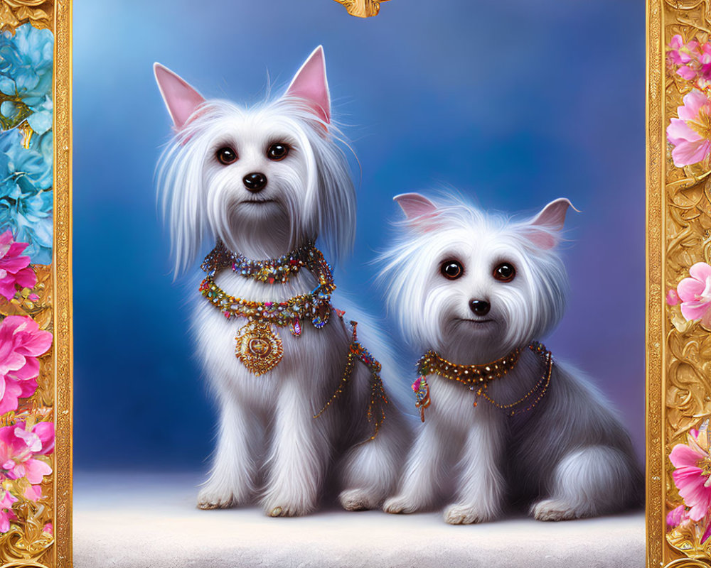 Two small white dogs with embellished collars in ornate golden frame surrounded by vibrant flowers.