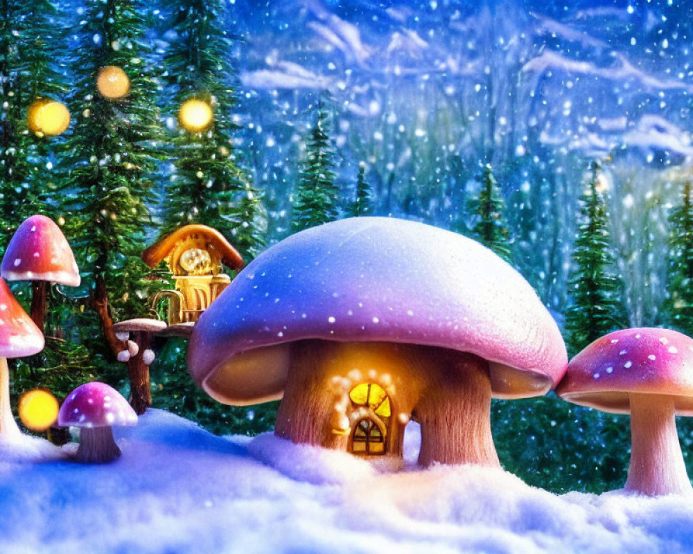 Whimsical winter landscape with illuminated mushroom houses