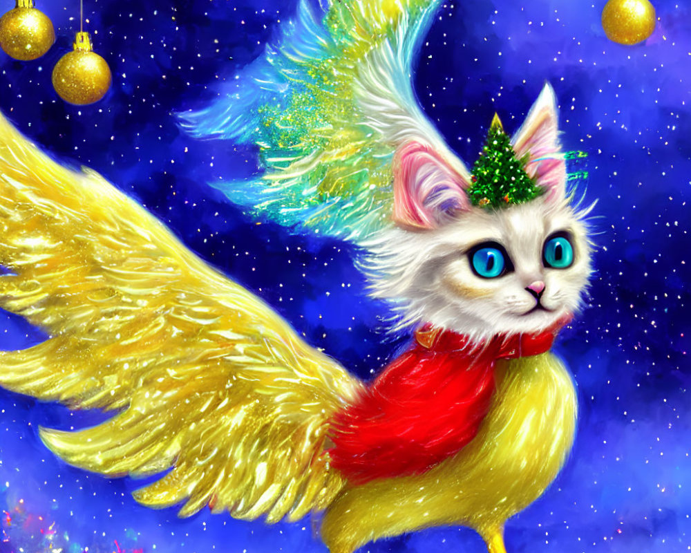 Whimsical winged cat with Christmas tree hat in snowy sky