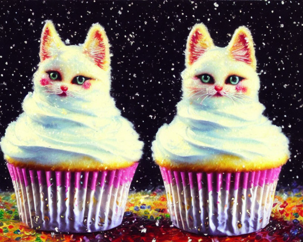 Whimsical cat-themed cupcakes on starry backdrop