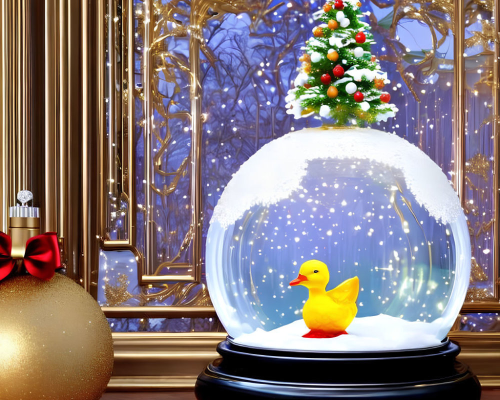 Snow Globe with Rubber Duck, Christmas Tree, and Winter Scene on Windowsill