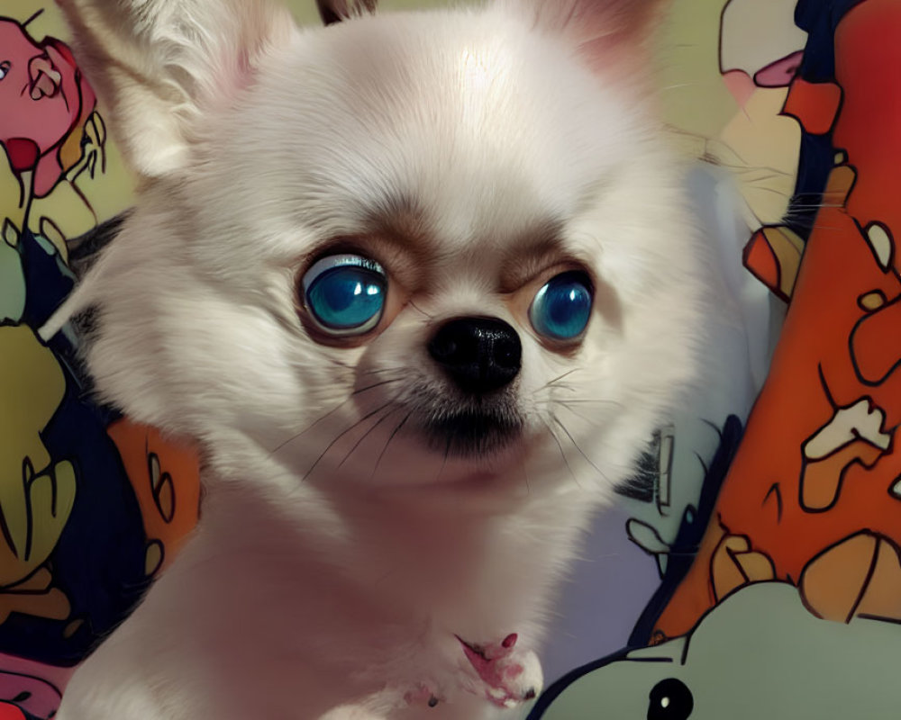 White Chihuahua with Blue Eyes in Cartoonish Background