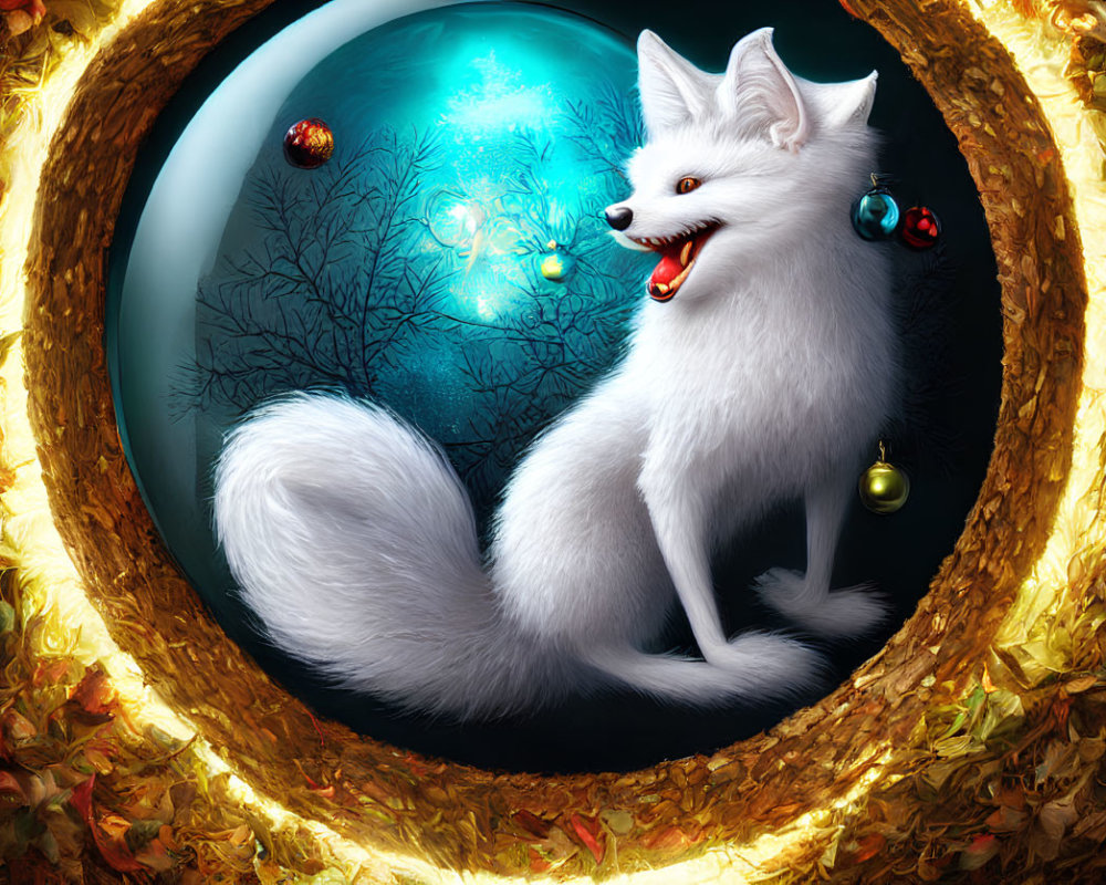 White Fox with Blue Eyes in Autumn and Christmas Scene