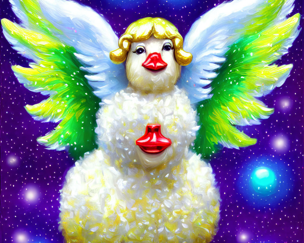 Whimsical sheep-like creature with angelic wings, blonde bob, red lips, in starry