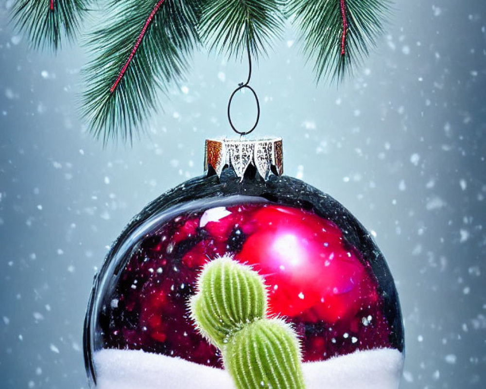 Shiny red and silver Christmas bauble with snow-covered cactus on fir branch