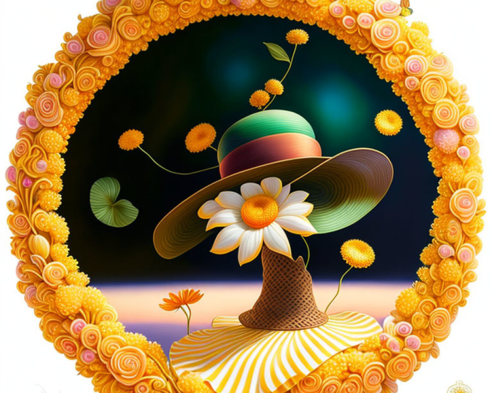 Colorful surreal illustration: Large daisy with hat in circular frame