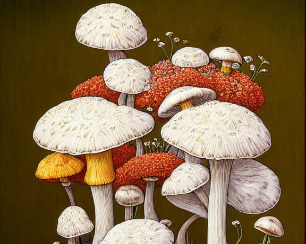 Illustrated Mushrooms in Various Sizes and Colors on Dark Background