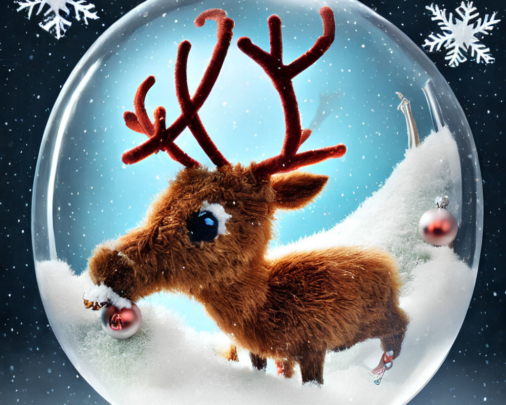 Snow Globe Reindeer Scene with Antlers and Snowflakes