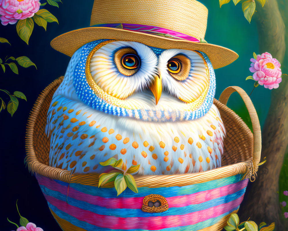 Chubby owl in straw hat nestled in colorful basket with pink flowers