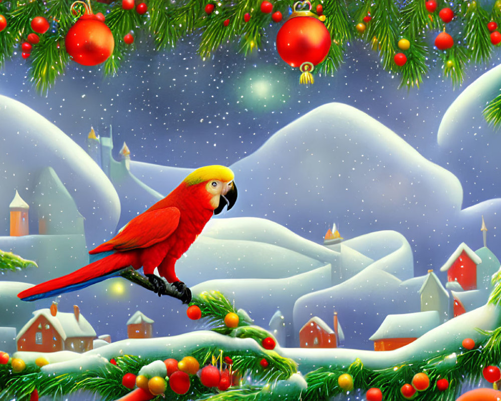 Red parrot on Christmas garland with snowy village background