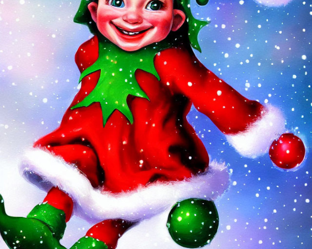 Colorful animated elf in red and green costume with snowflakes and ornament