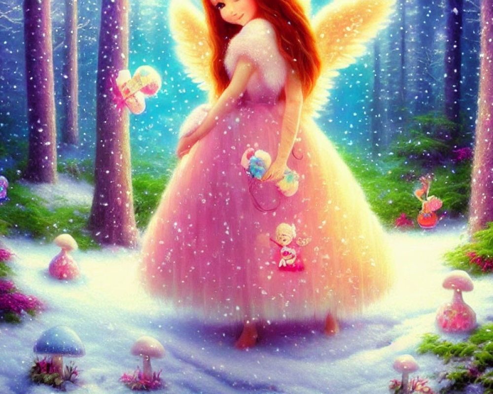 Glowing fairy with wings in enchanted forest surrounded by butterflies and mushrooms