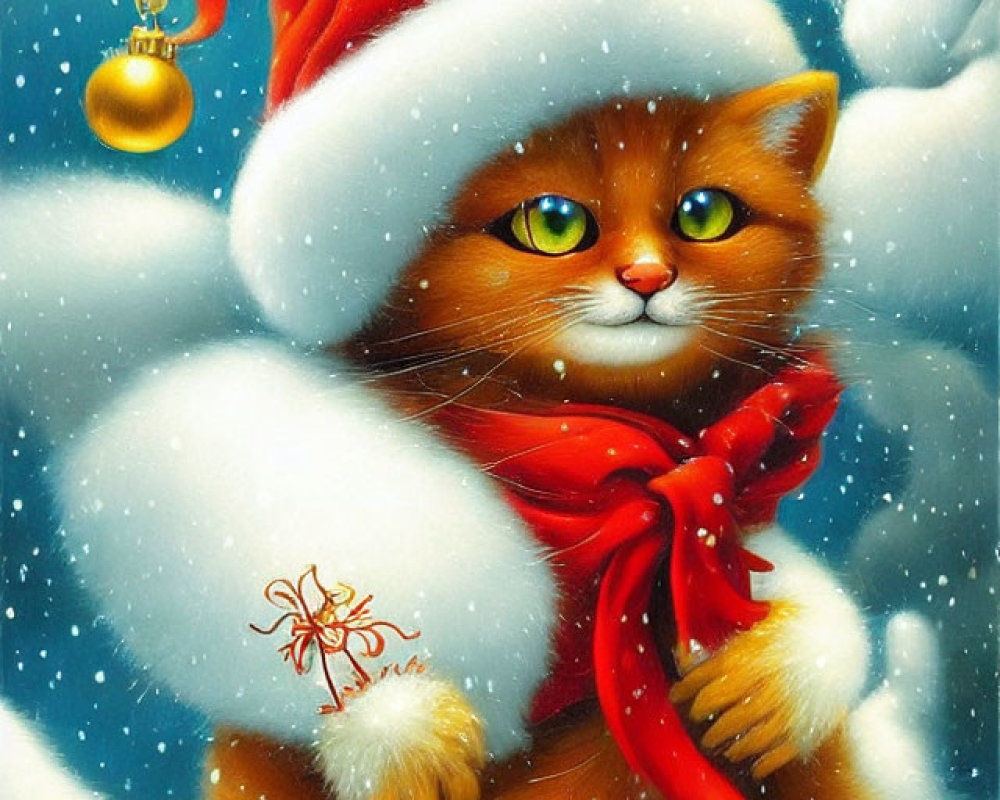 Orange Cat in Santa Hat with Candy Cane and White Kitten