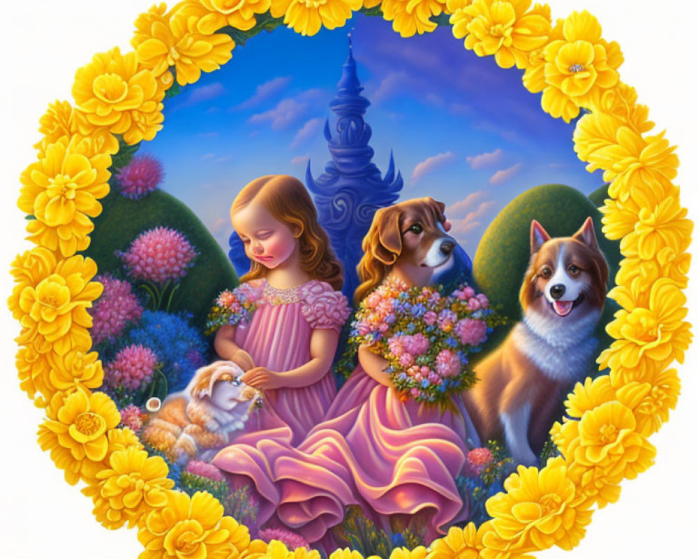 Girl in Pink Dress with Two Dogs Surrounded by Yellow Flower Wreath