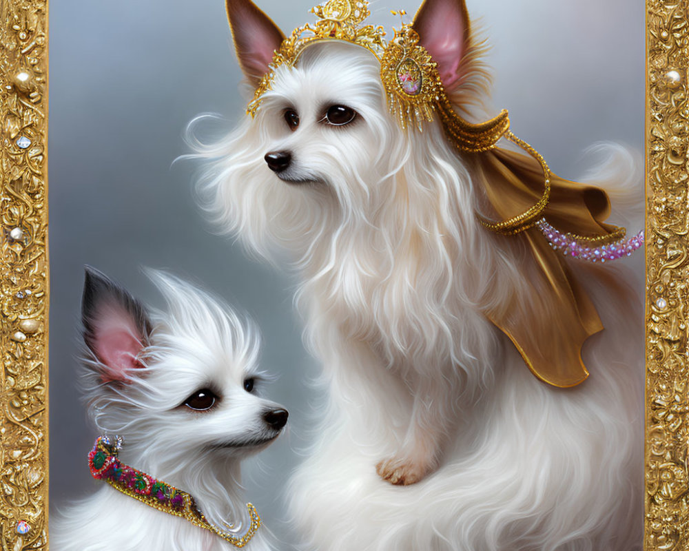 Regal Dogs with Crown, Cape, and Necklace in Golden Frame
