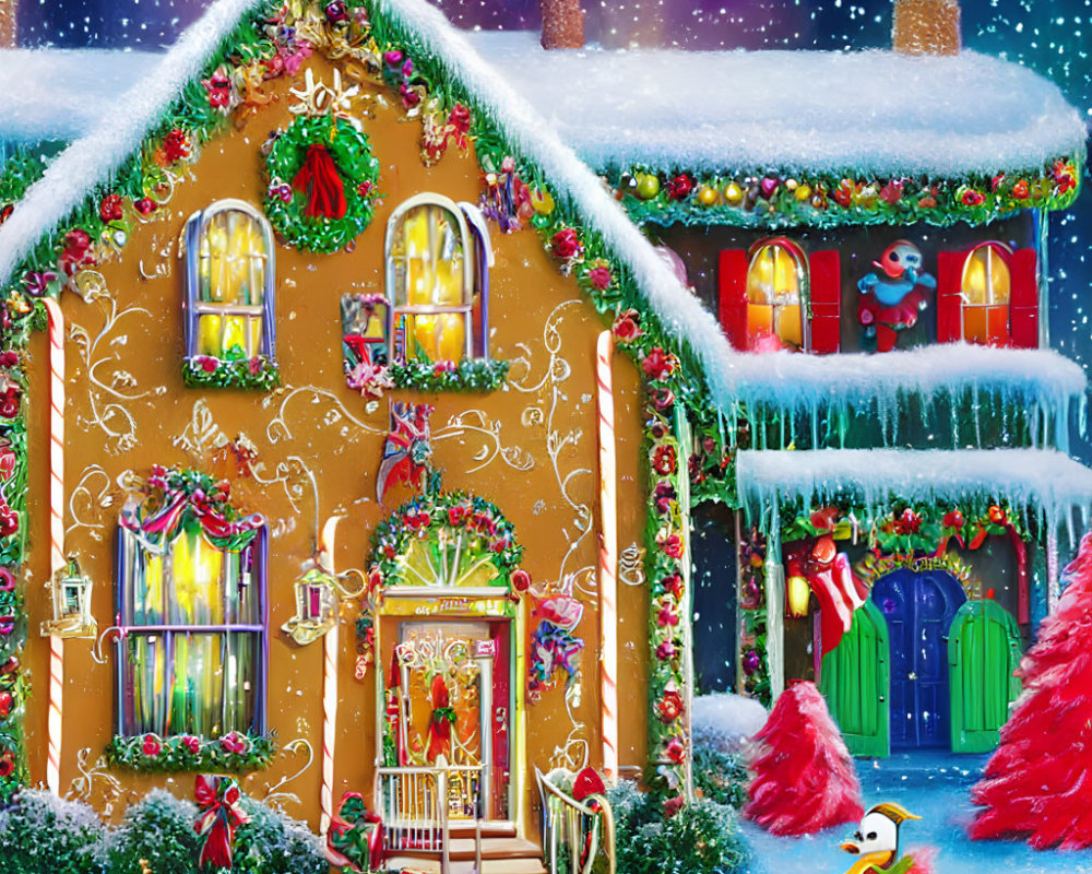 Vibrant Christmas house with festive decorations and lights