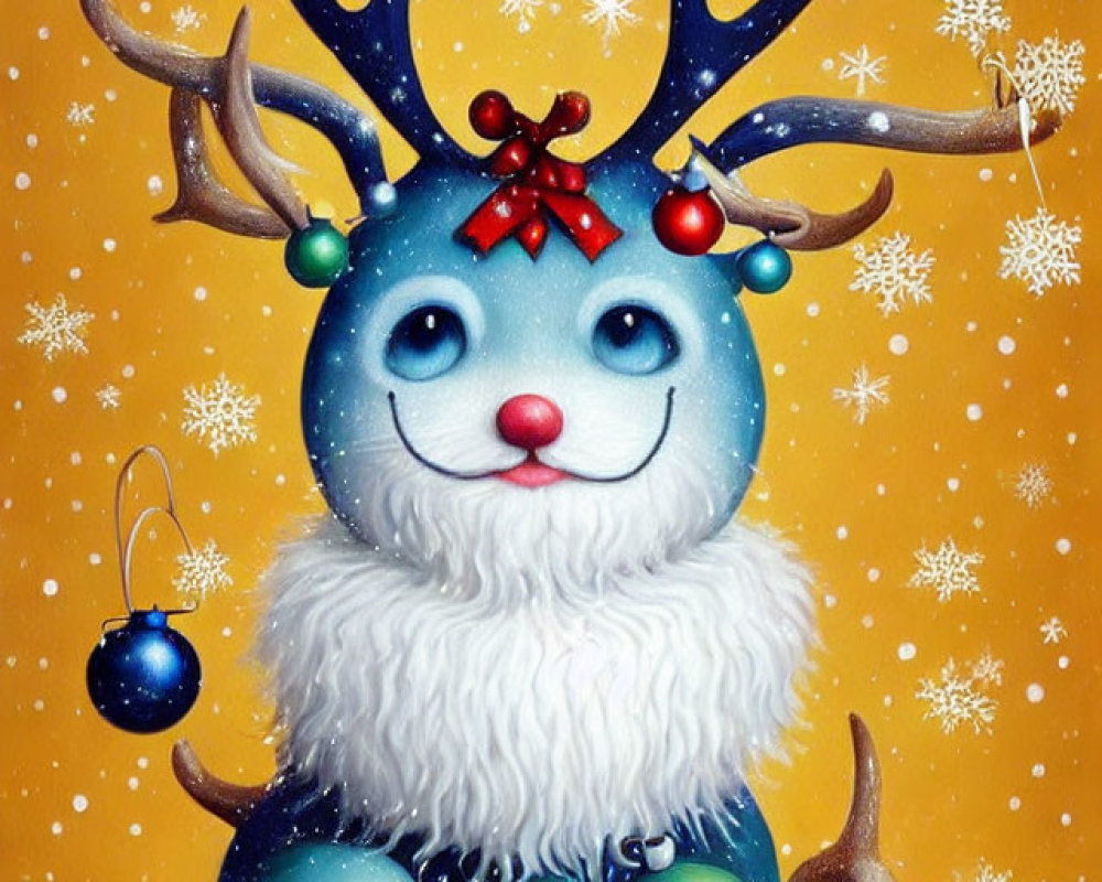 Illustrated whimsical creature with blue face and festive antlers in snowy scene