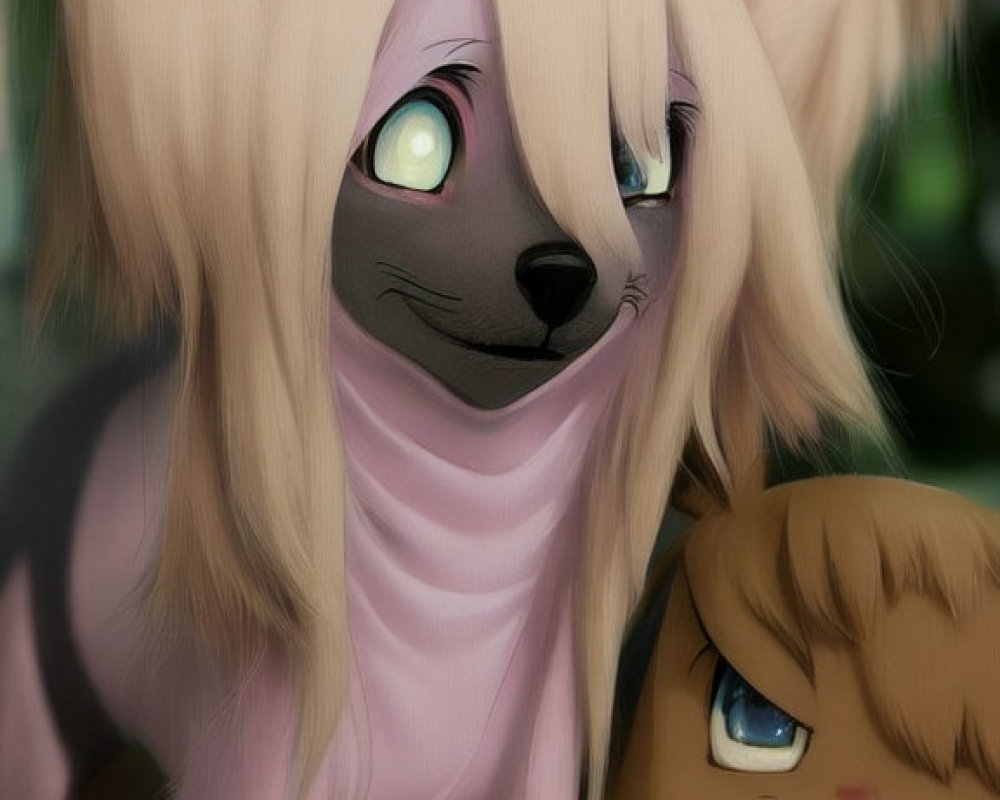 Illustration of two anthropomorphic animals with expressive eyes and human-like hair in pink and brown.