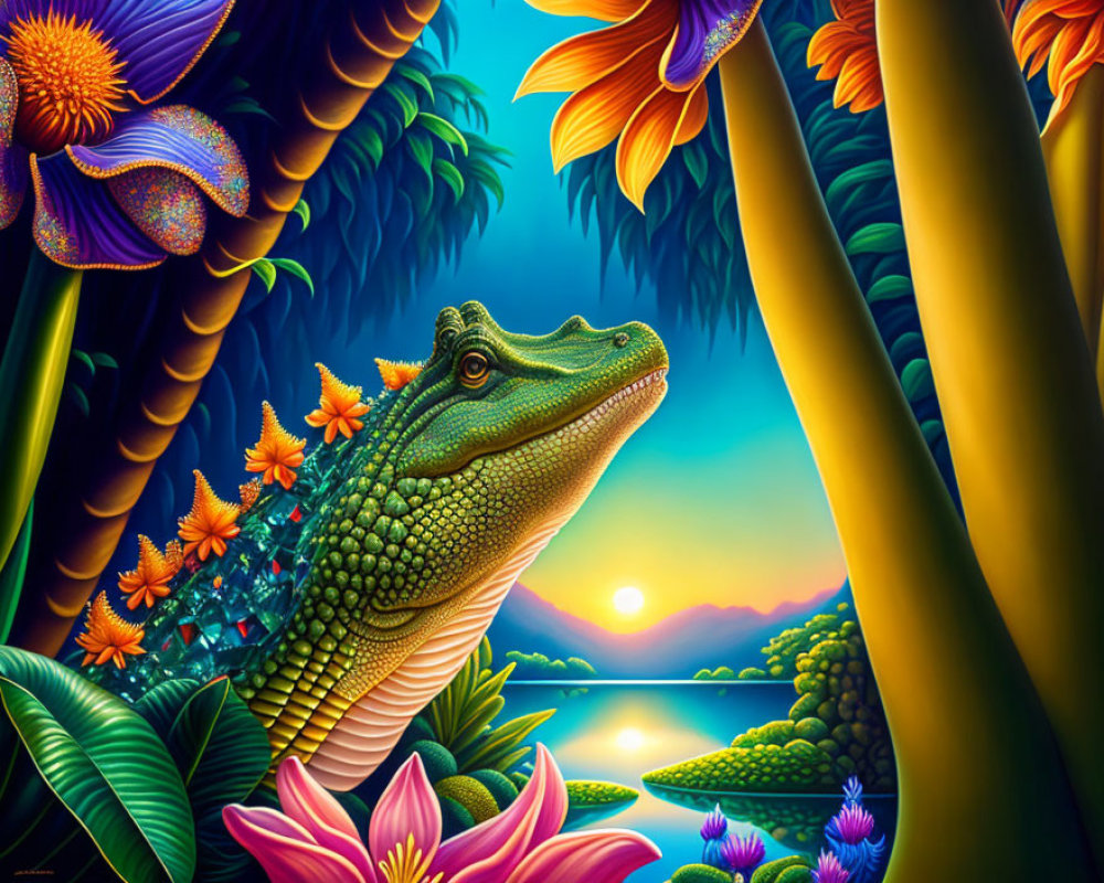 Colorful Alligator Illustration with Exotic Flora and Sunset