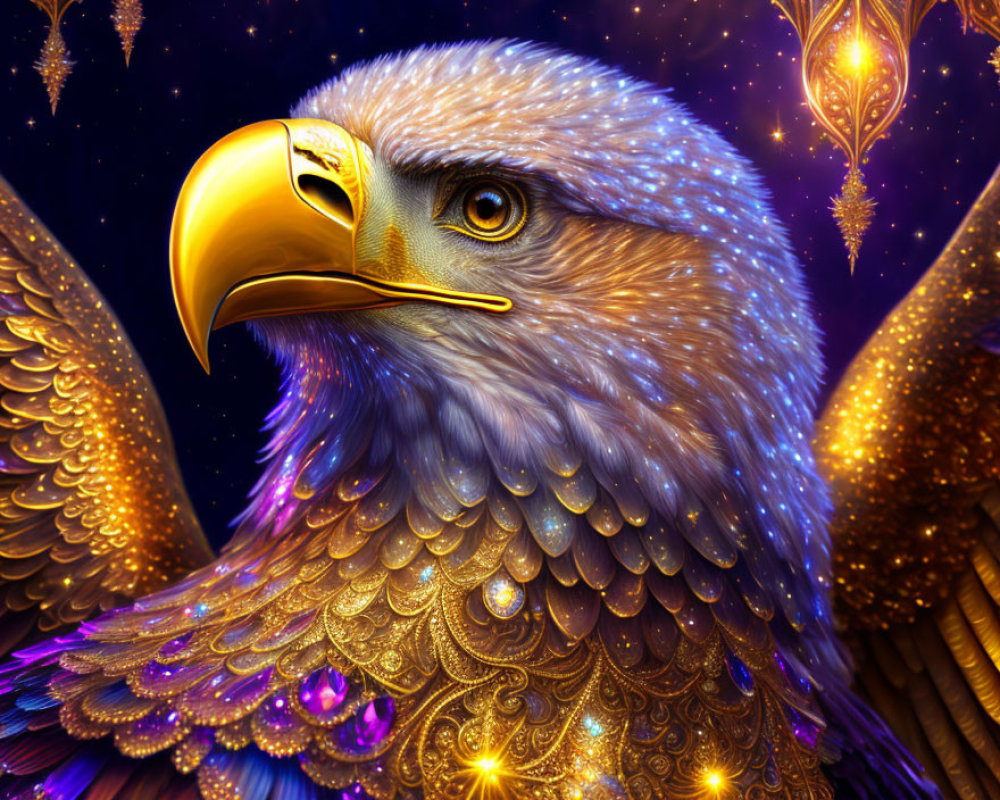 Majestic eagle digital art with golden beak and jeweled feathers