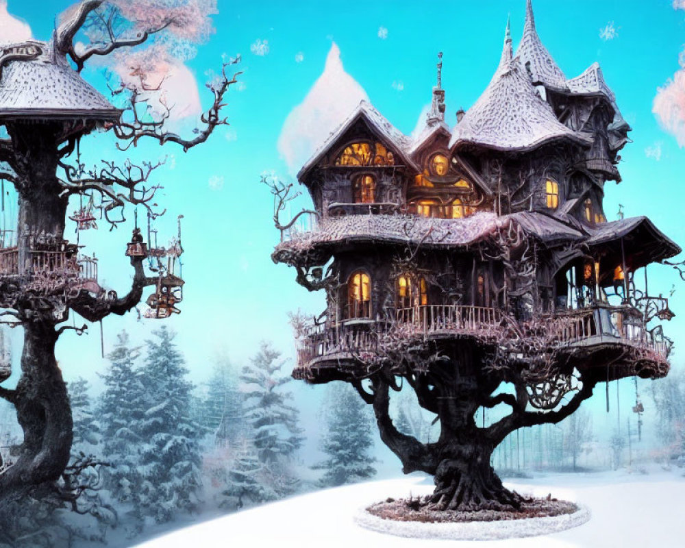 Fantasy treehouse in snowy landscape at twilight