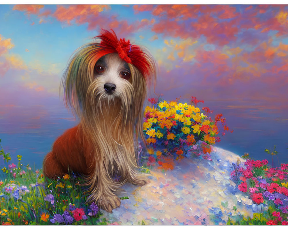 Illustration of fluffy dog with red bow in dreamy setting