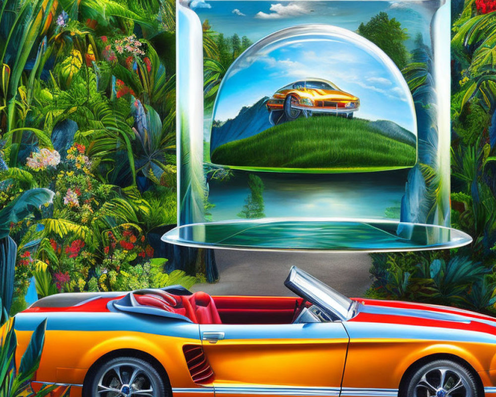 Colorful tropical landscape with floating crystal and yellow car mirrored below