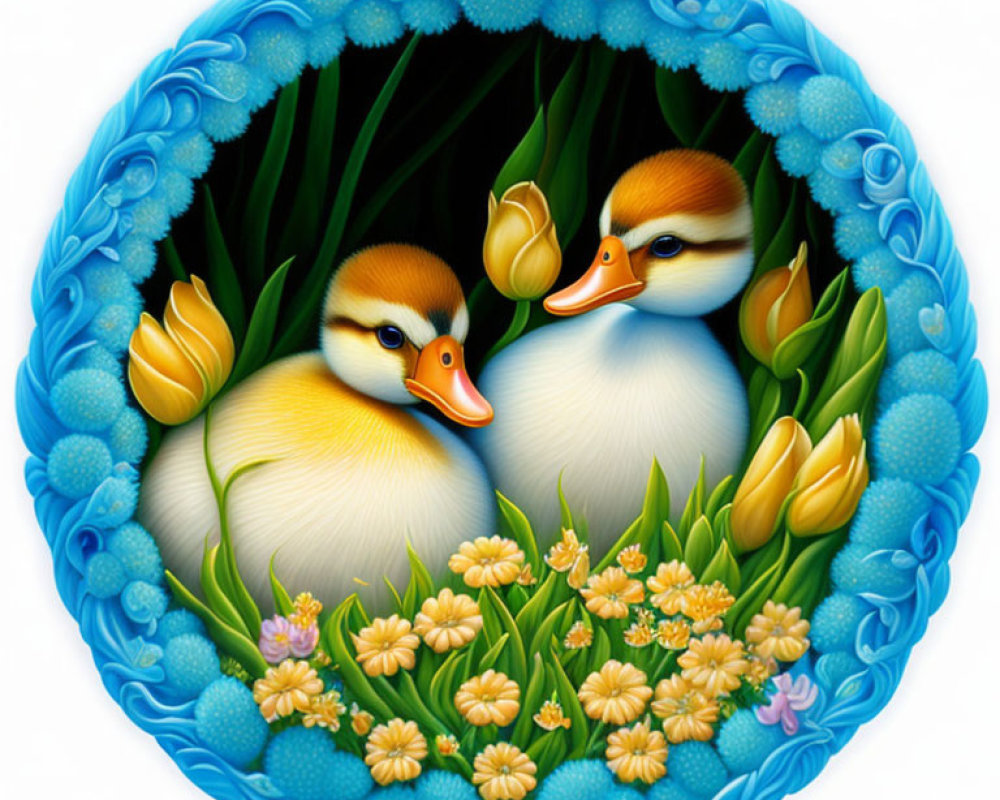 Stylized ducks in ornate oval frame with vibrant flowers