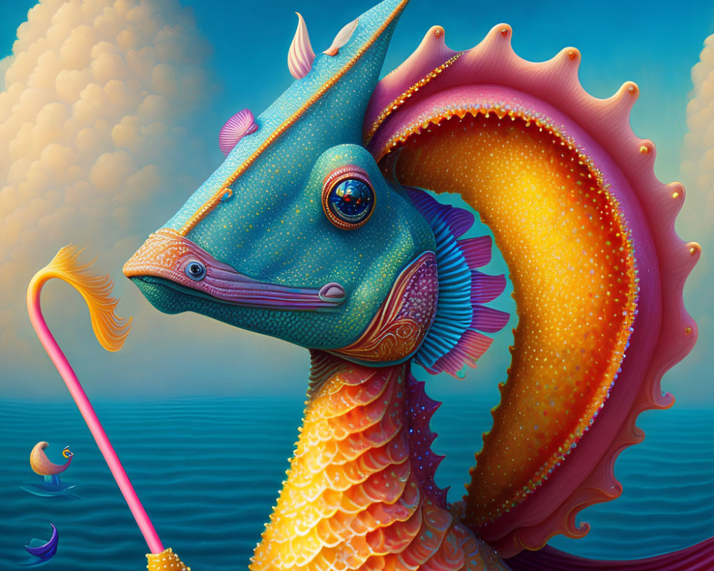 Colorful whimsical seahorse with intricate patterns in vibrant ocean setting