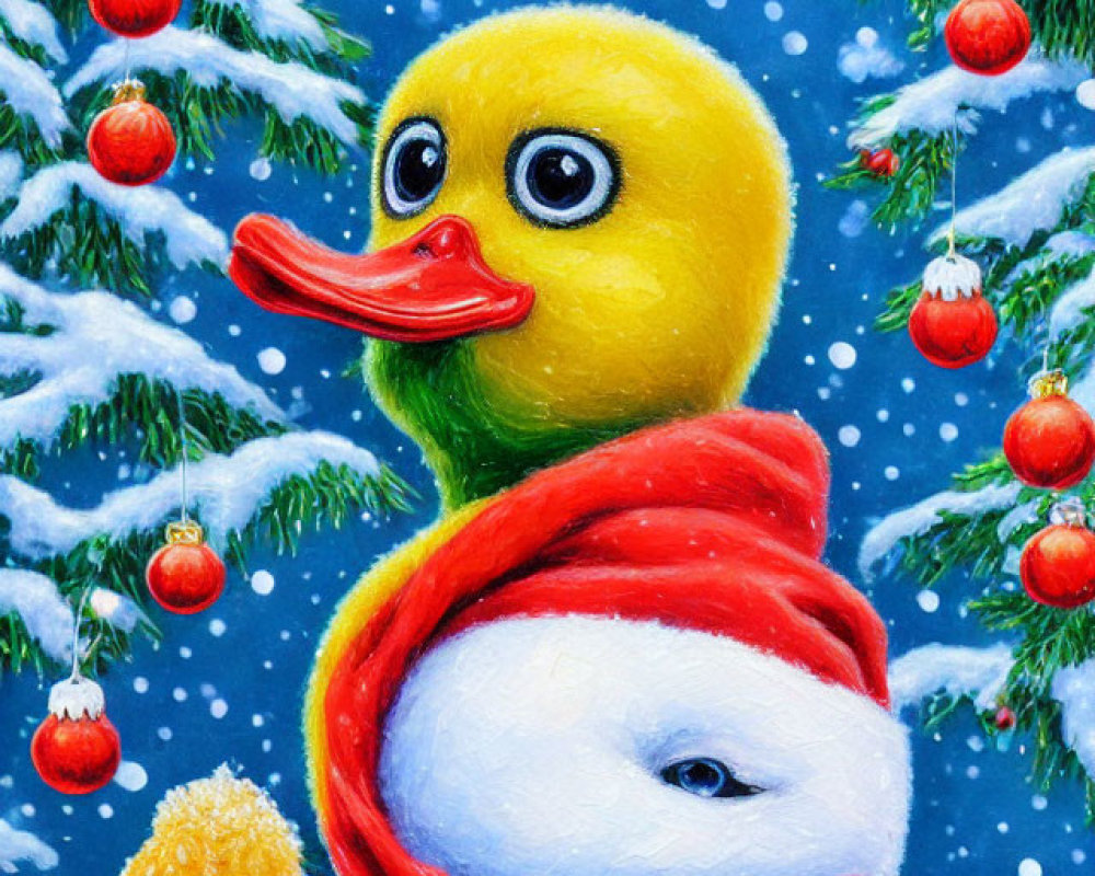 Whimsical painting: Rubber duck & duckling with red scarf, snowman, Christmas tree