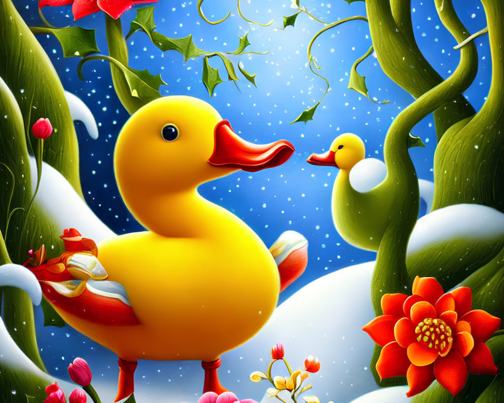 Colorful illustration of large and small rubber ducks in snow with vines and blossoms under starry sky