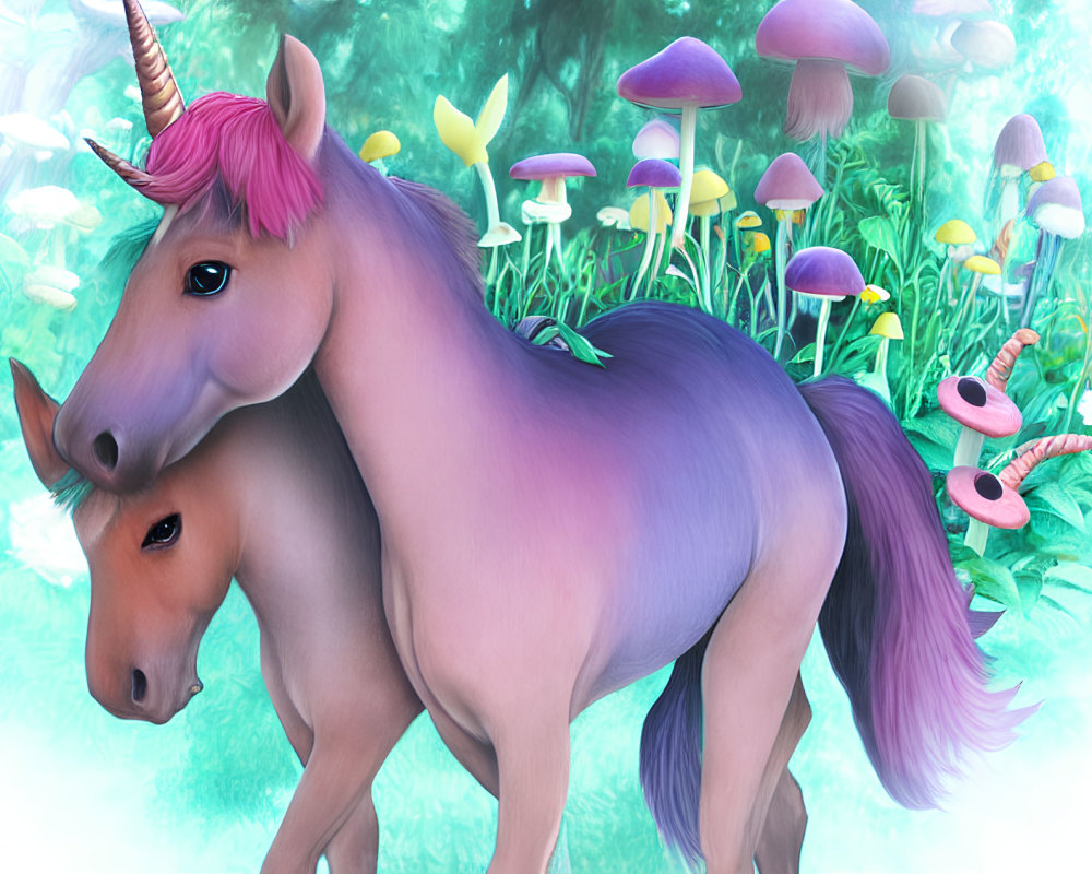 Violet and Brown Unicorns in Magical Forest with Mushrooms and Butterflies