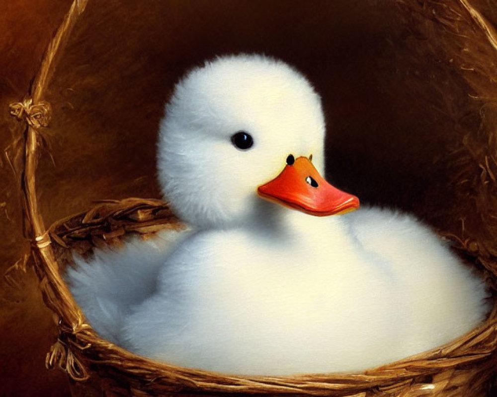 Fluffy white duckling in woven basket against warm brown backdrop