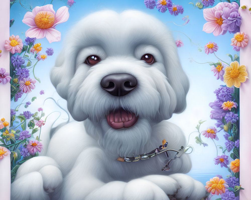 Fluffy White Dog Surrounded by Colorful Flowers on Sky-Blue Background