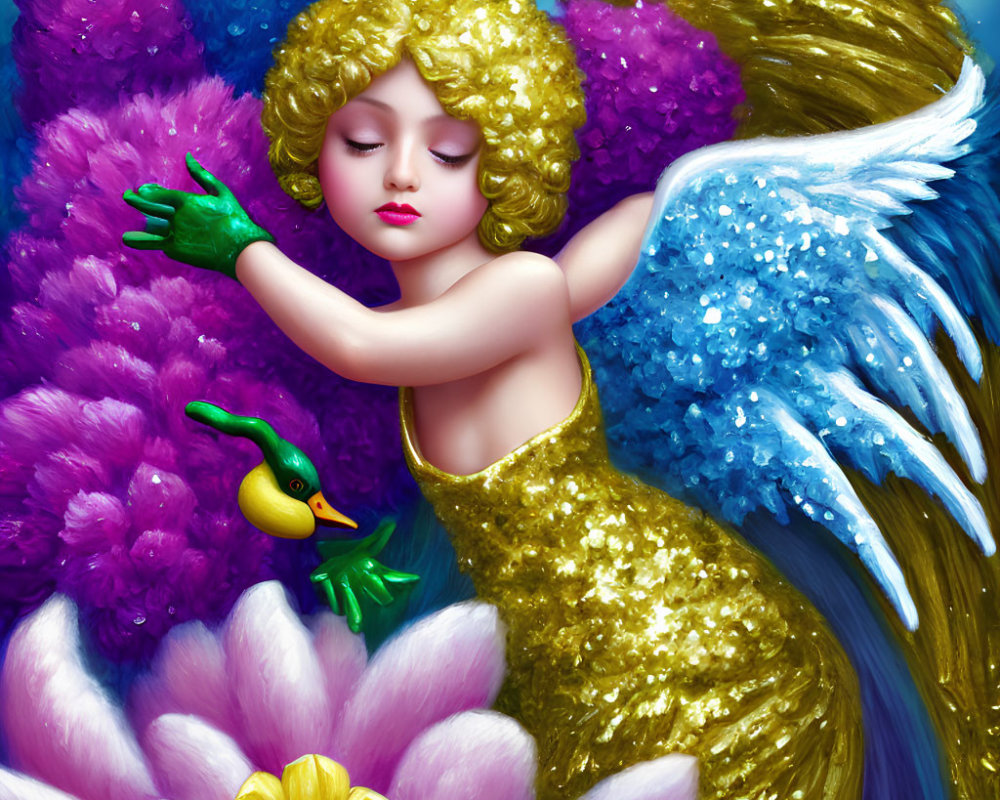 Illustration of angelic child with golden curls, sparkling wings, colorful flowers, and whimsical duck