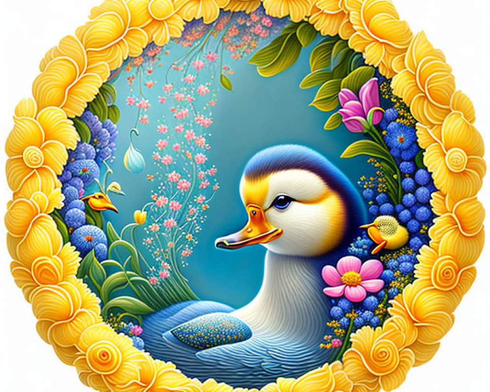 Circular Stylized Duck Illustration with Ornate Yellow Flower Frame