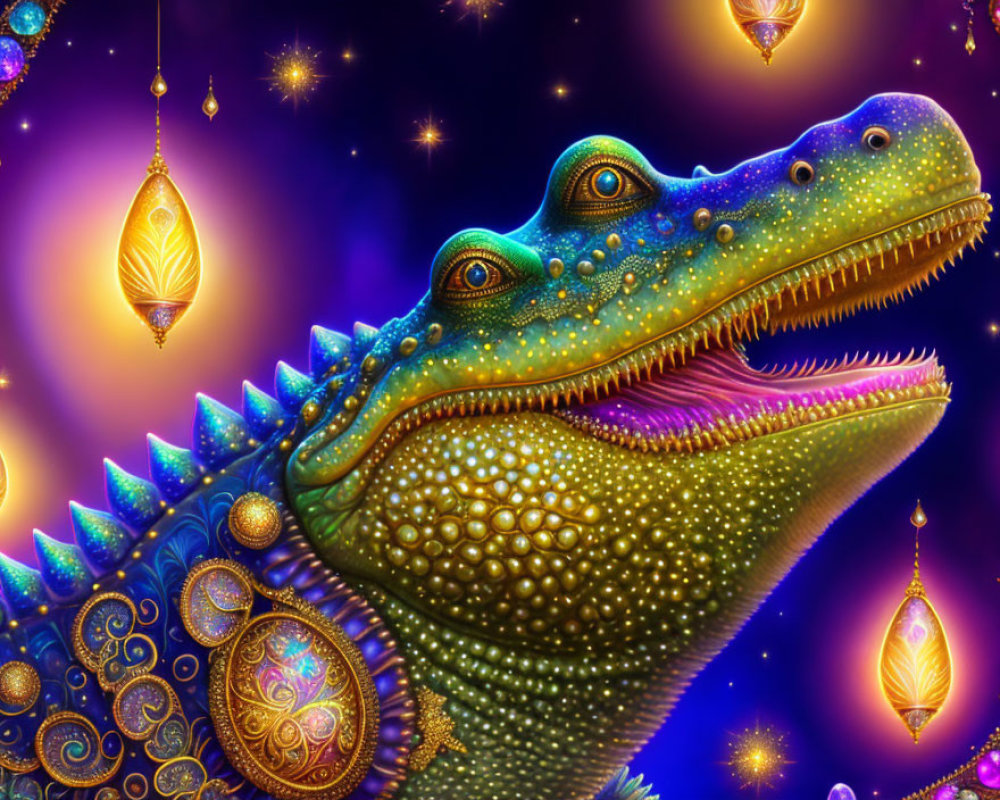 Colorful digital artwork: whimsical crocodile with intricate patterns and jewels on mystical, starry background