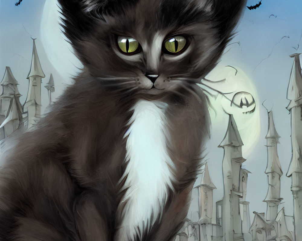 Digital illustration of black and white kitten on web with spooky castle, bats, and full moon.