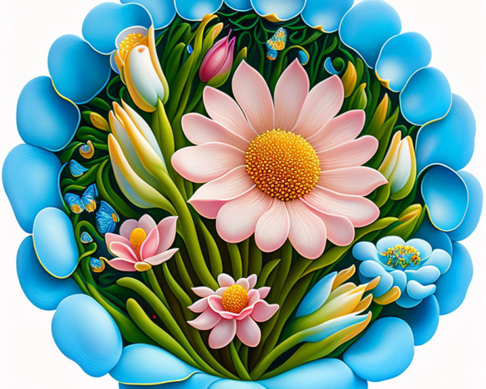 Colorful Floral Arrangement with Large Pink Flower and Unique Blue Elements