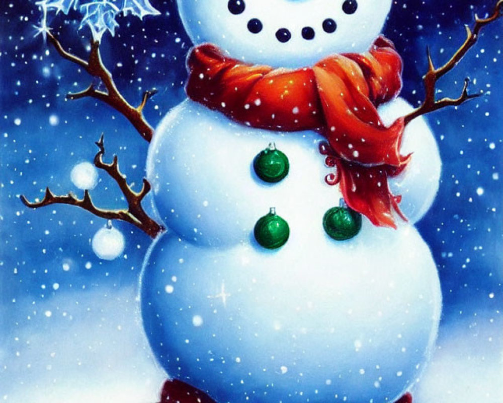 Snowman with red scarf, green buttons, carrot nose, holding snowflake under starry night sky