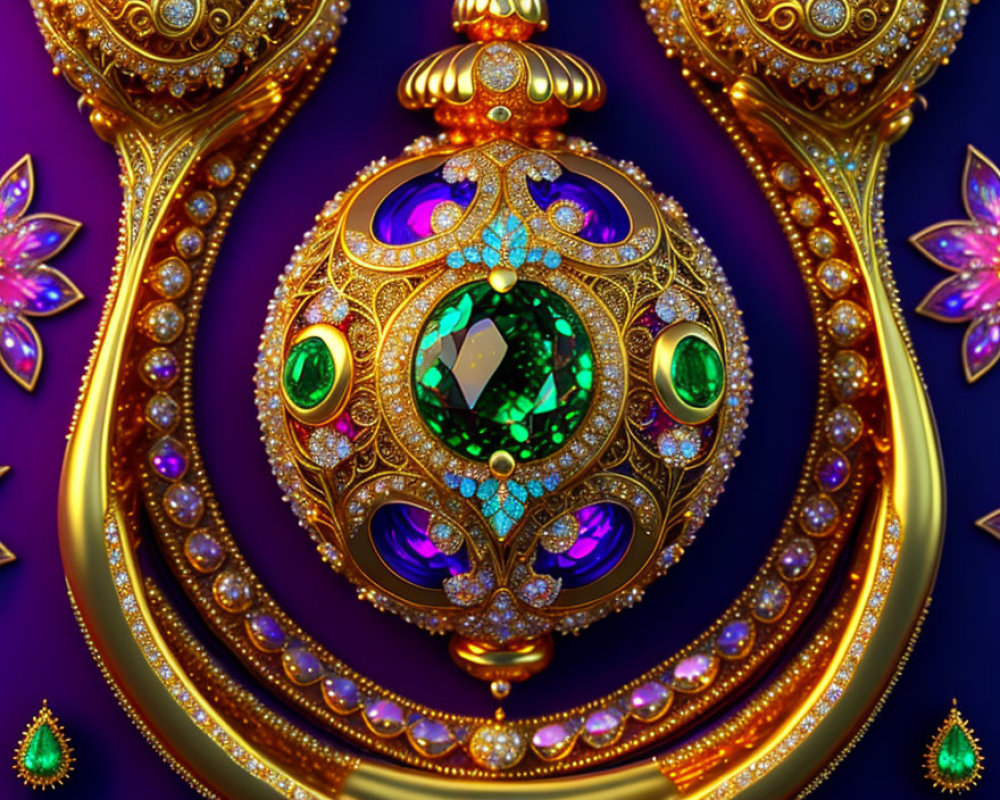 Symmetrical jewel-encrusted digital artwork with gold, emerald, and purple on dark background