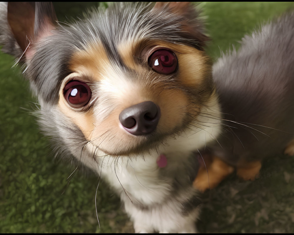 Curious small dog with striking reddish-brown eyes on green lawn