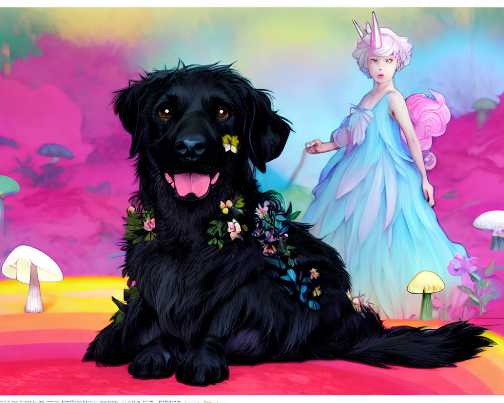 Black Dog with Flowers Beside Fairy in Colorful Mushroom Landscape