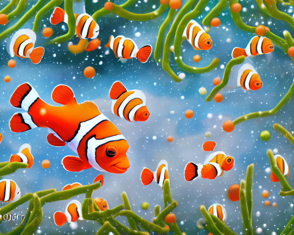 Vibrant clownfish and sea anemones in blue underwater setting