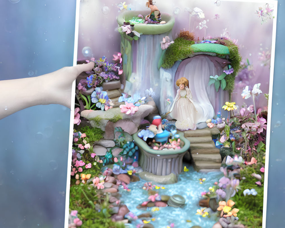 Miniature whimsical scene with waterfalls, vibrant flowers, girl, duck, and bubbles