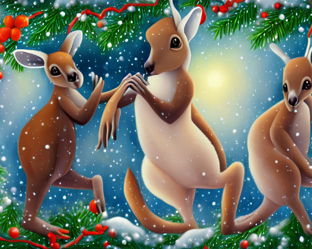 Cartoon kangaroos in snowy scene with festive decorations