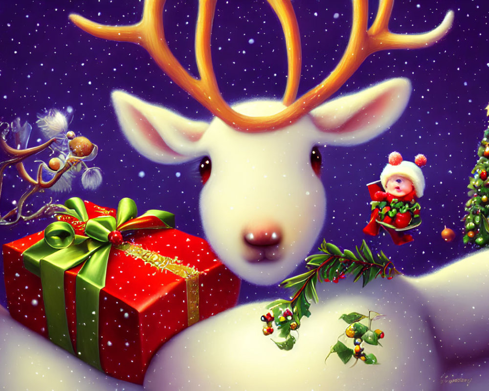 Festive Christmas illustration with smiling reindeer and Santa figure