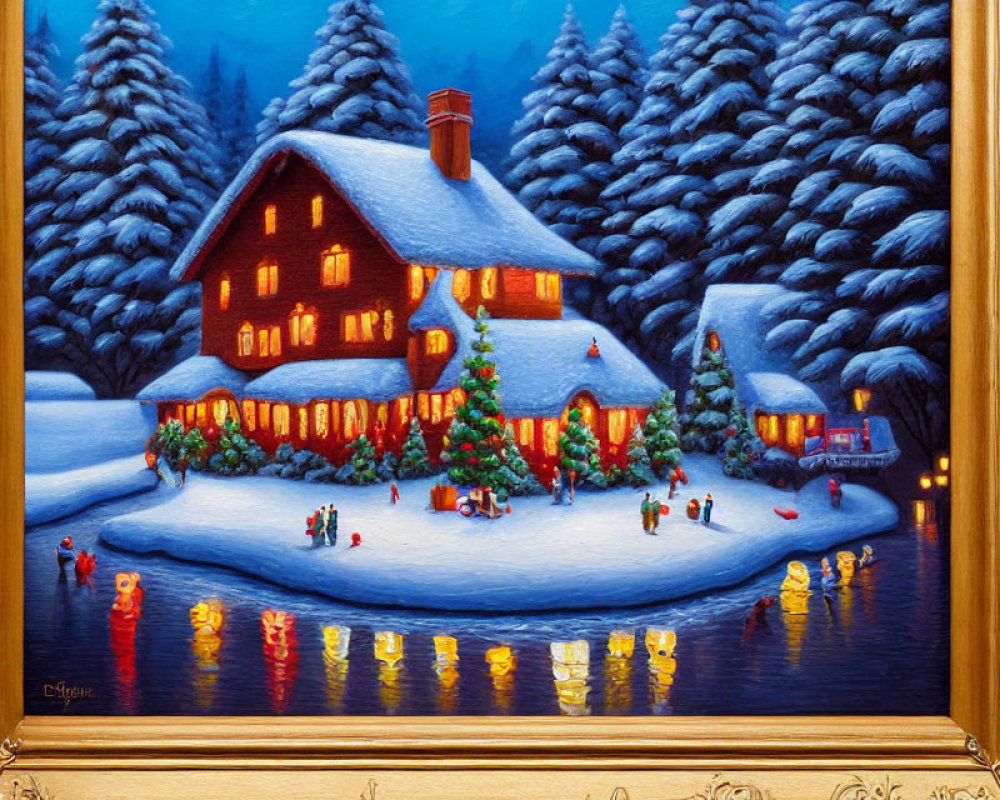 Snowy Winter Scene Painting with Cozy House and Ice Skating People